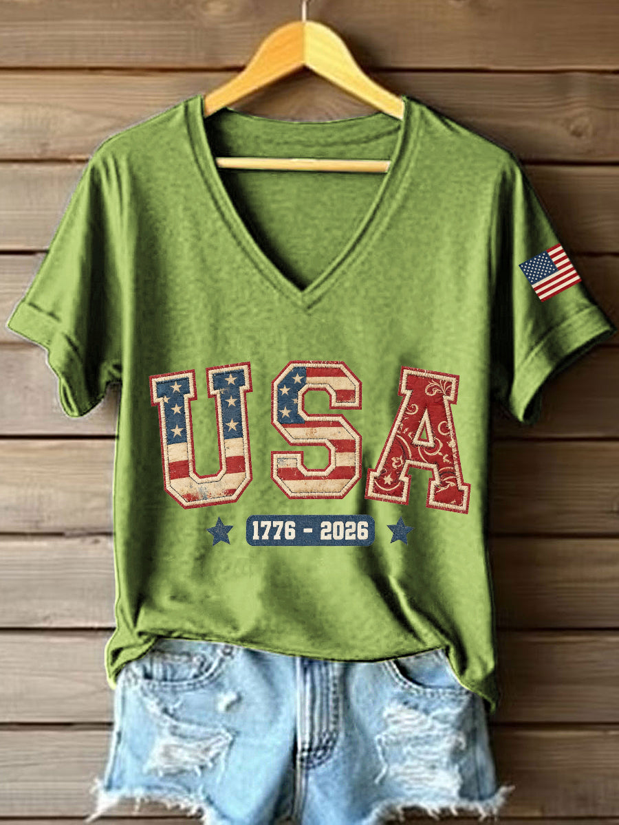 Women's USA 1776-2026 Patchwork Pattern V-Neck T-Shirt