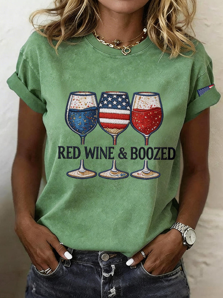 Women's Red Wine & Boozed Embroidery Pattern T-Shirt