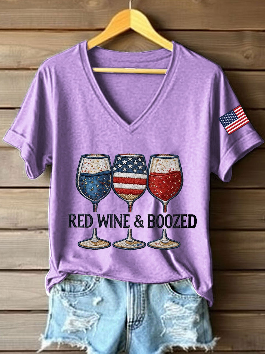 Women's Red Wine & Boozed Embroidery Pattern V-Neck T-Shirt