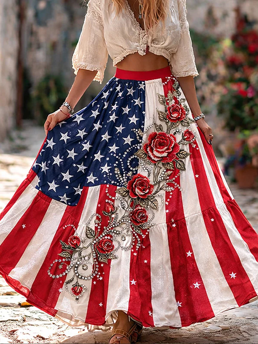 Women's Vintage American-Style Floral Patchwork Print Skirt