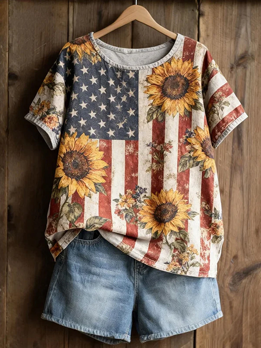 Women's Retro American-Style Floral Patchwork Print T-Shirt