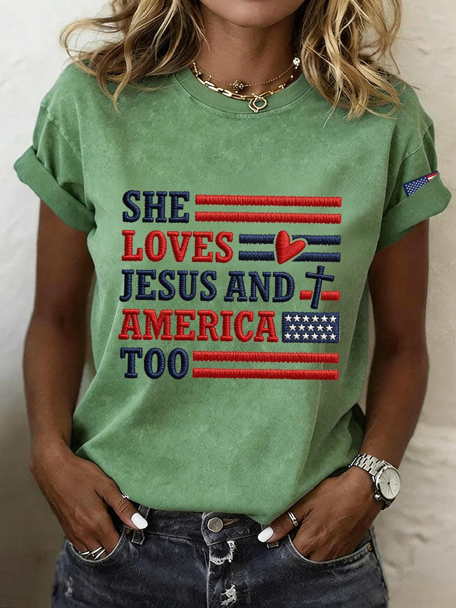 Women's She Loves Jesus And America Embroidery Pattern T-Shirt