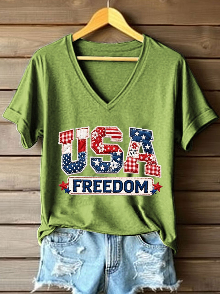Women's USA Embroidery Pattern V-Neck T-Shirt