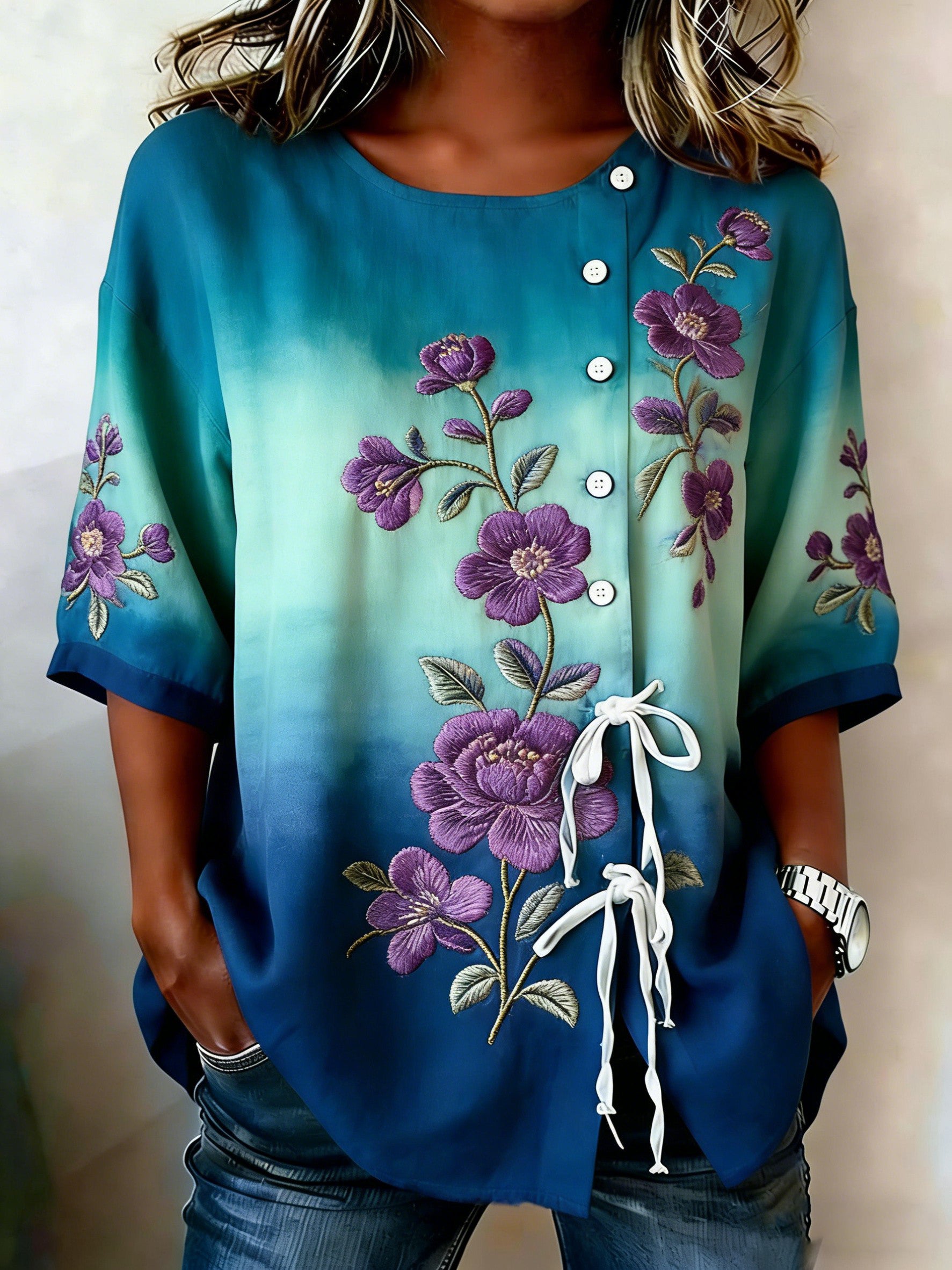 Women's Floral Buttoned Linen Blend Shirt
