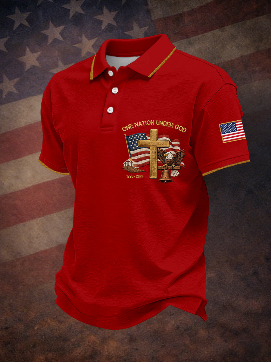 Men's One Nation Under God Embroidery Pattern Polo Shirt
