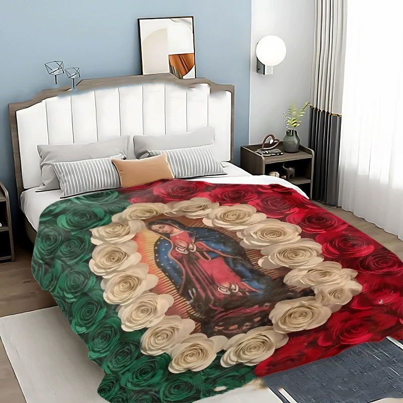 Virgin Mary & Floral Flannel Blanket 🌹 | Soft, Light & Warm