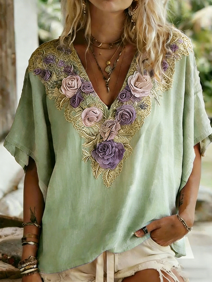 Women's Green Floral Print Boho-Style Casual V-Neck T-Shirt