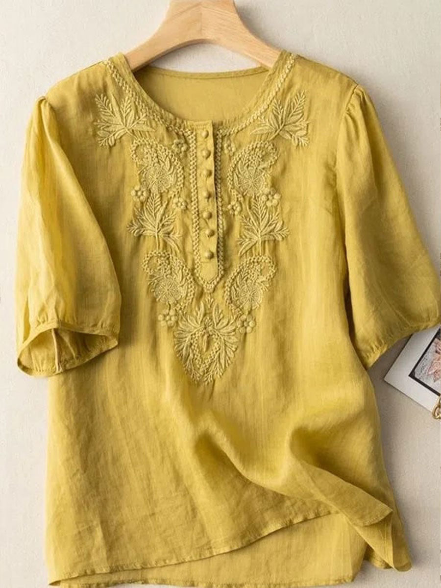 Women's Floral Cotton and Linen T-Shirt