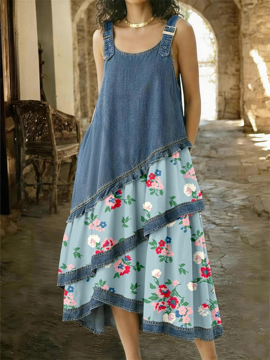 Women's Flowers Pattern Denim Patchwork Dress