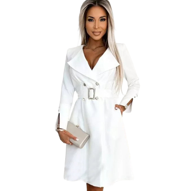 Double-Breasted A-Line Blazer Dress with Belt