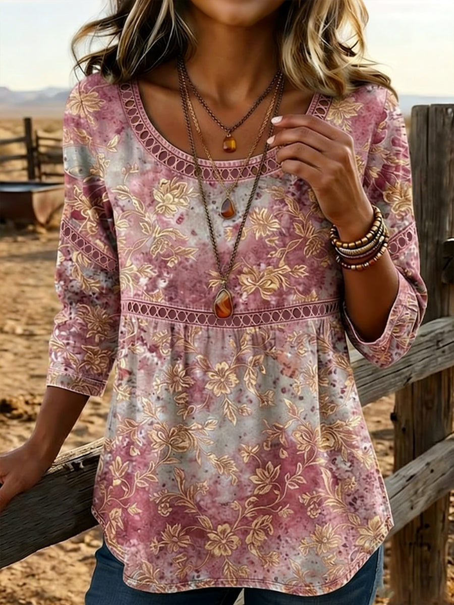 Women's Vintage Western Plants Flowers Print Casual Top