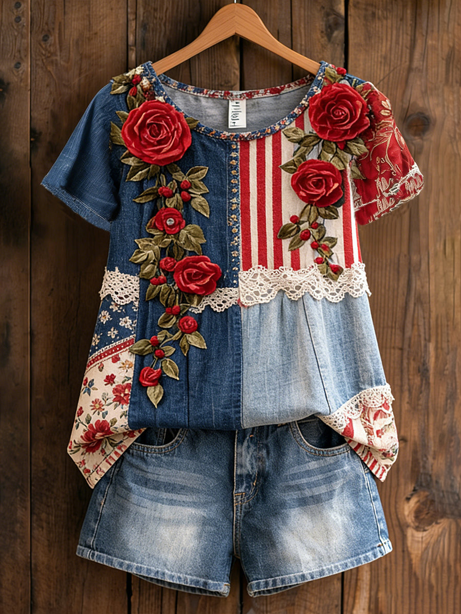 Women's Retro American Floral Patchwork Print Casual T-shirt