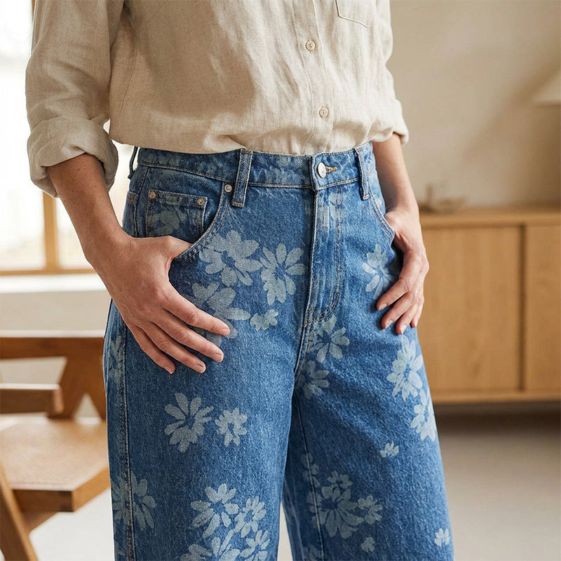 Women's Floral Print Barrel-Leg Jeans