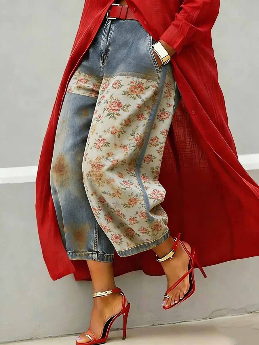 Women's Fashion Floral Pattern Print Casual Wide-Leg Pants