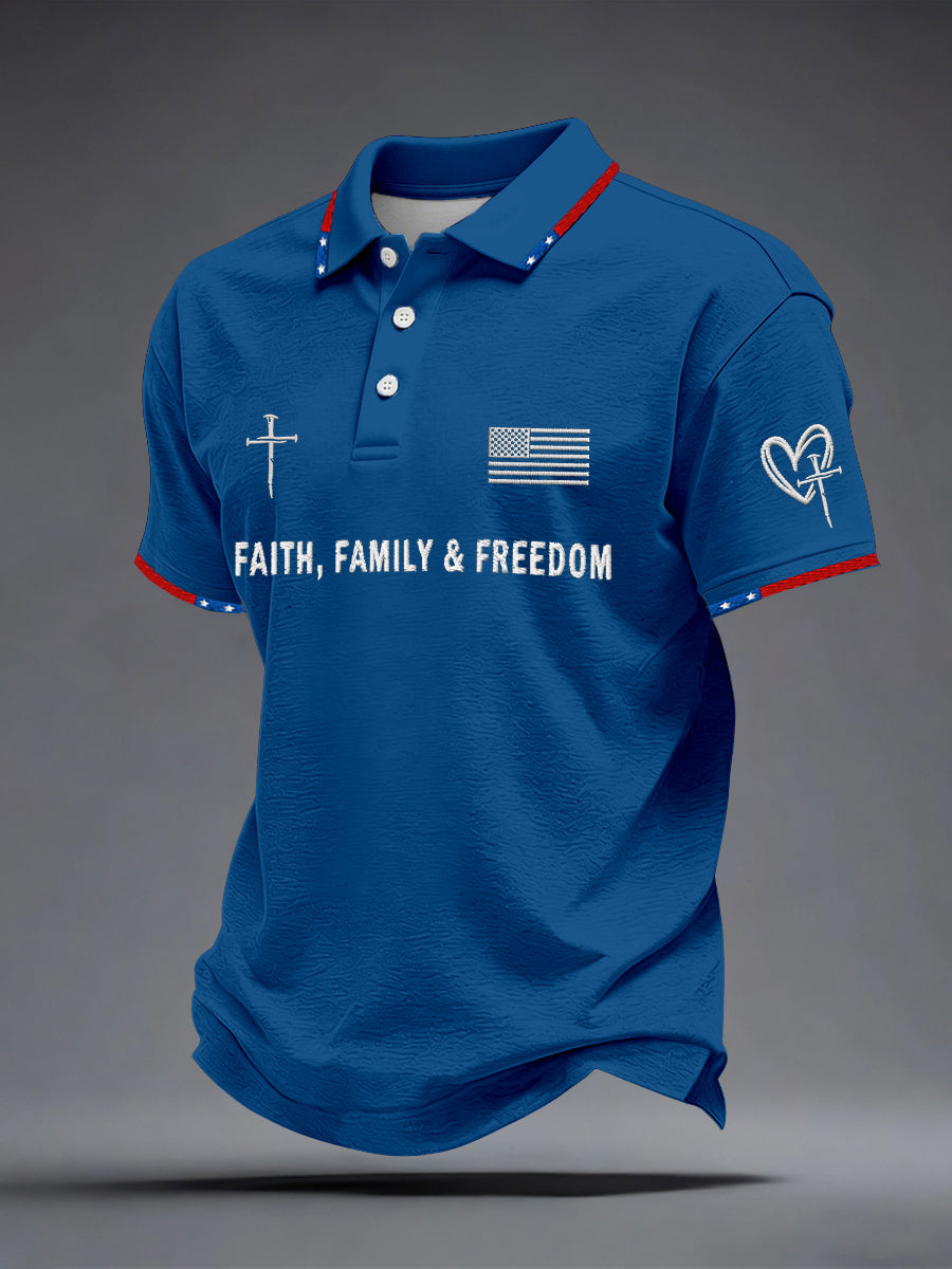 Men's Faith Family Freedom Embroidery Pattern Polo Shirt