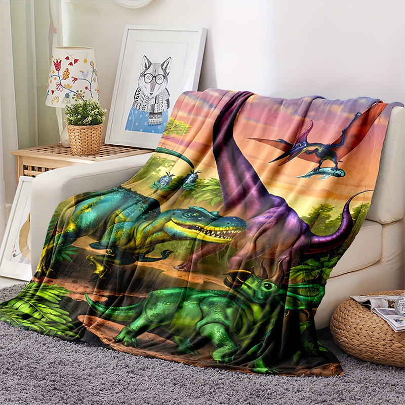 Vibrant Dinosaur Print Flannel Throw Blanket