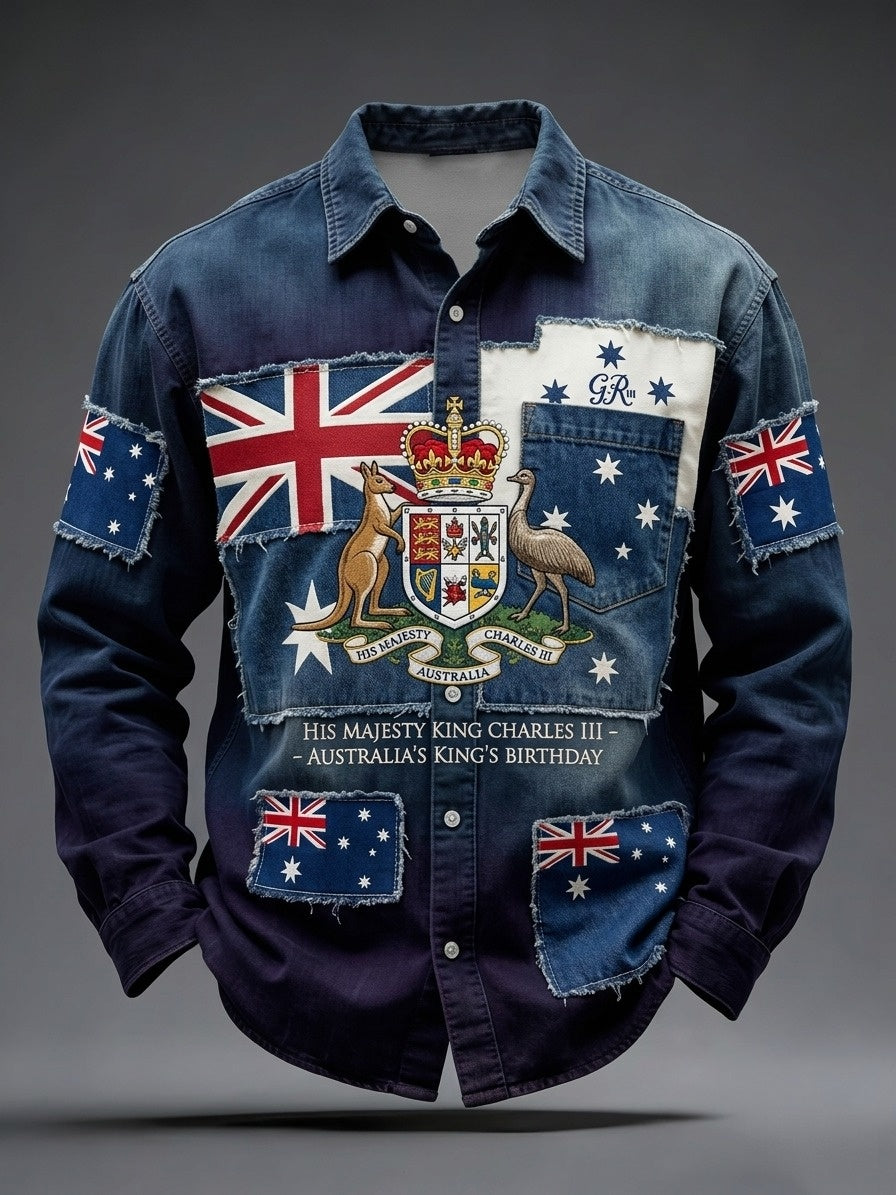Vintage Australia King's Birthday Print Casual Long-Sleeve Shirt