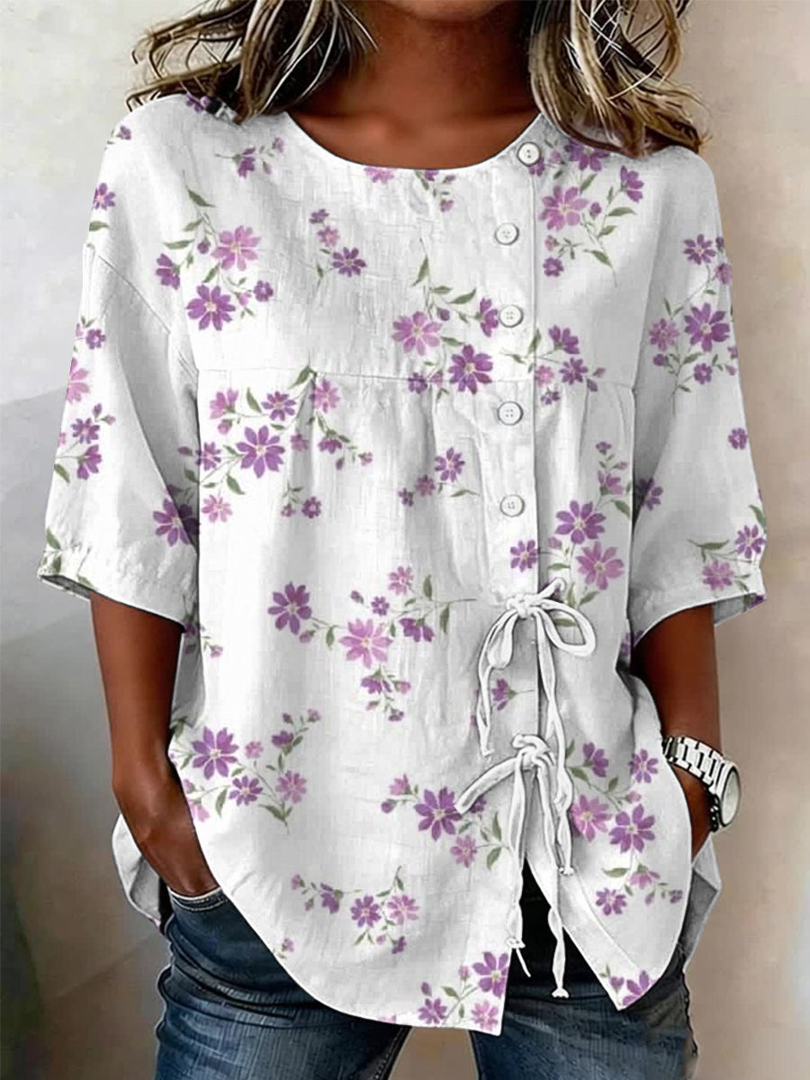 Women's Plants And Flowers Buttoned And Linen Blend Shirt