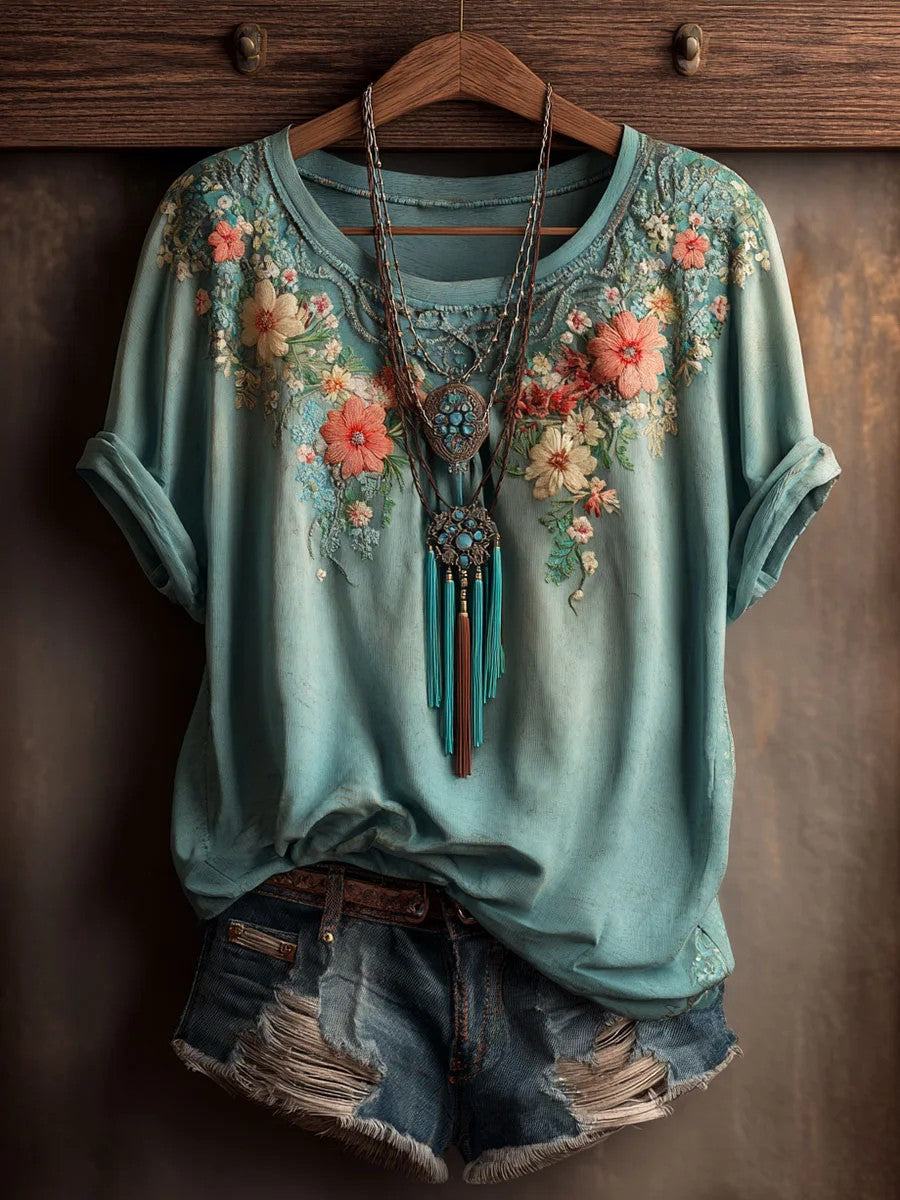 Women's Vintage Floral Art Print Casual Short Sleeve T-shirt