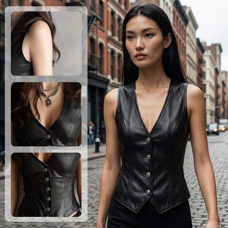 Women’s Leather V-Neck Button-Front Vest