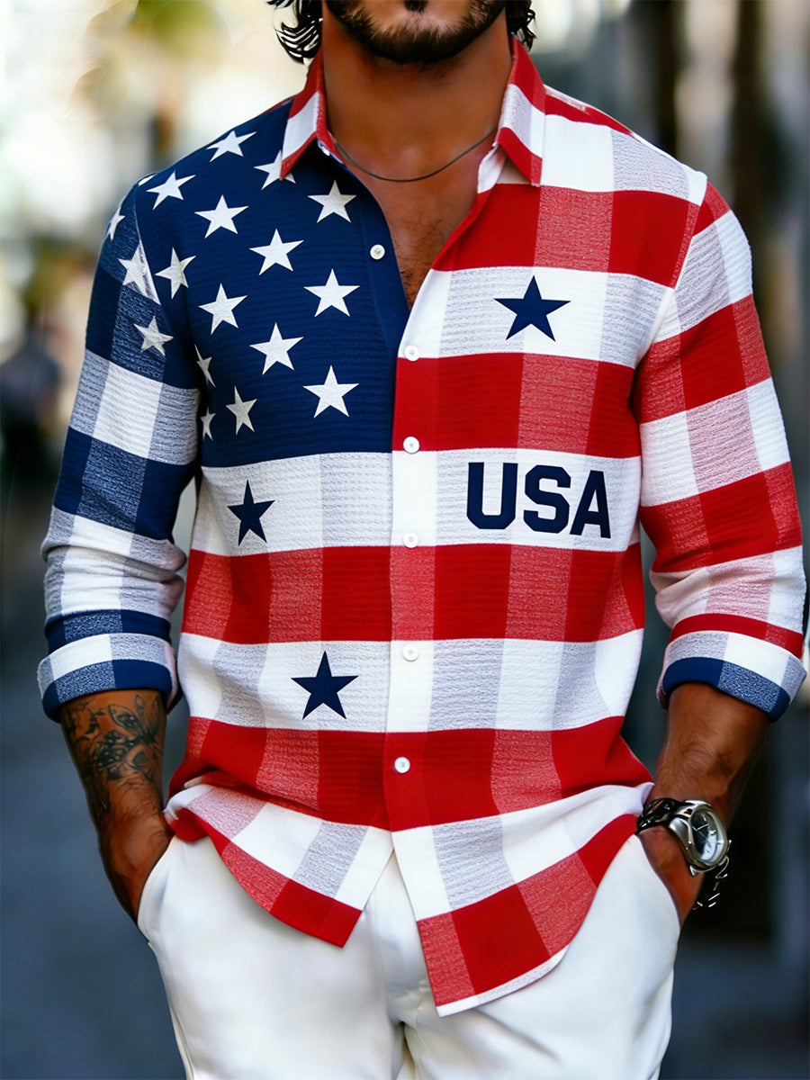 Men's Patriotic Commemorative Print Long-Sleeved Shirt