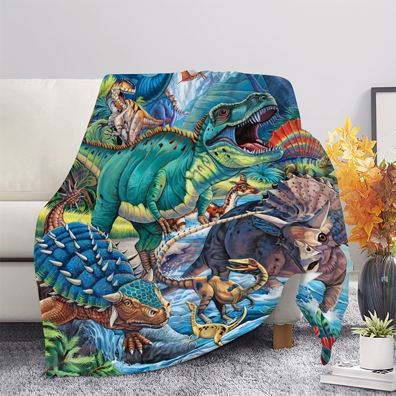 Vibrant Dinosaur Print Flannel Throw Blanket