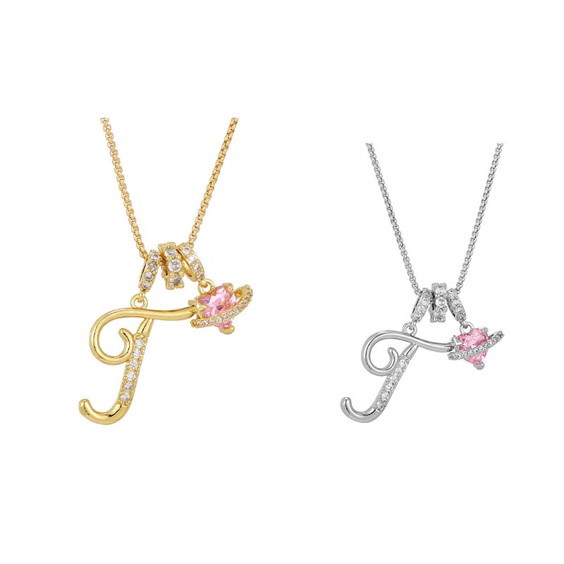 Initial Letter Necklace with Pink Heart Charm