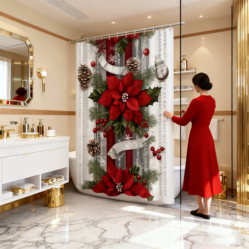 🎅Christmas Red Print Holiday Shower Curtain