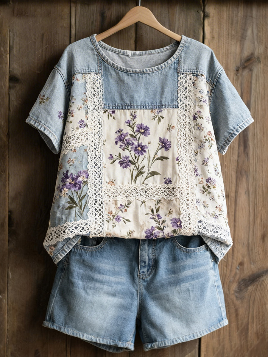 Women's Violet Floral Casual T-Shirt