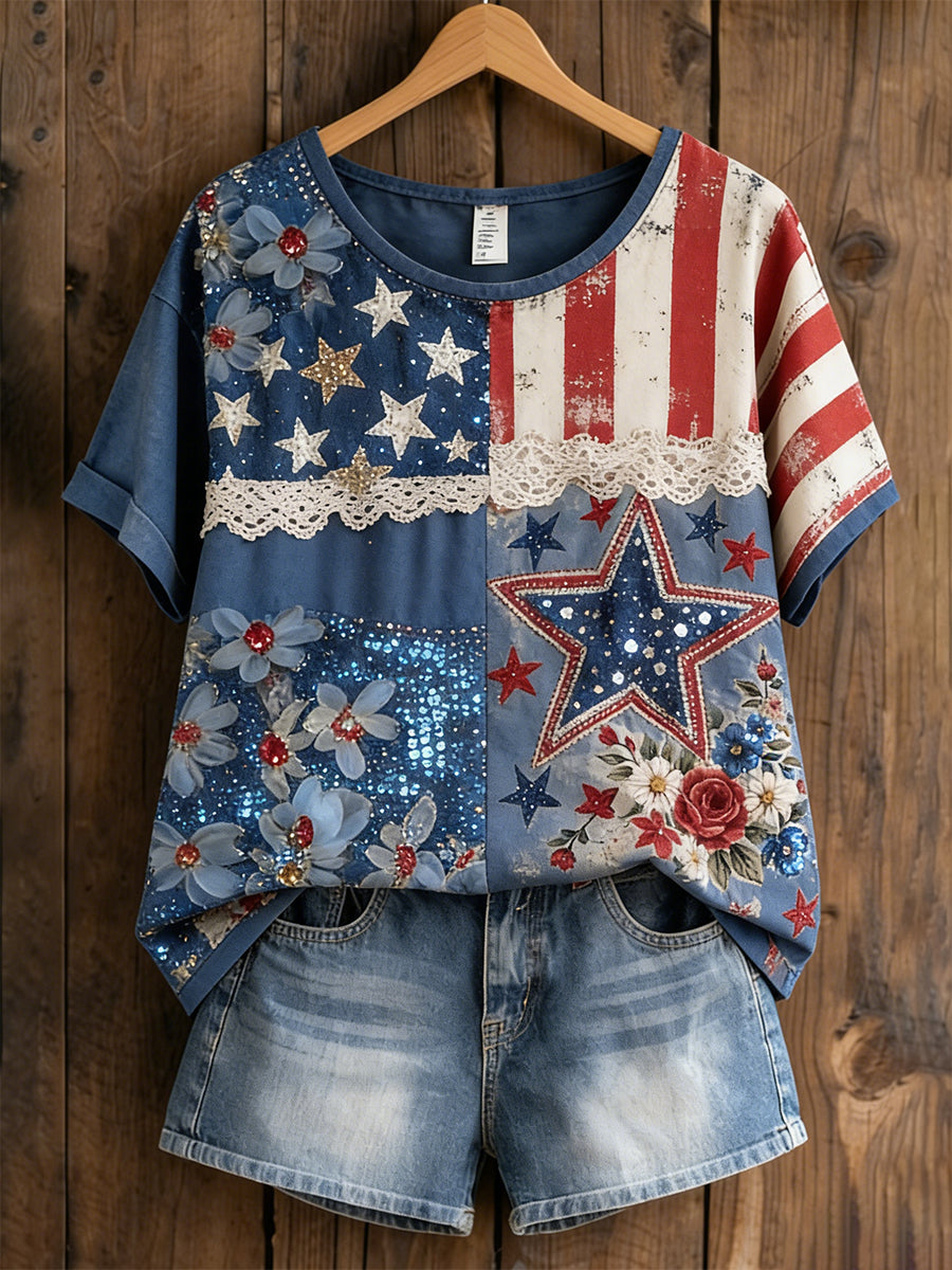 Women's Retro American Floral Patchwork Print Casual T-shirt