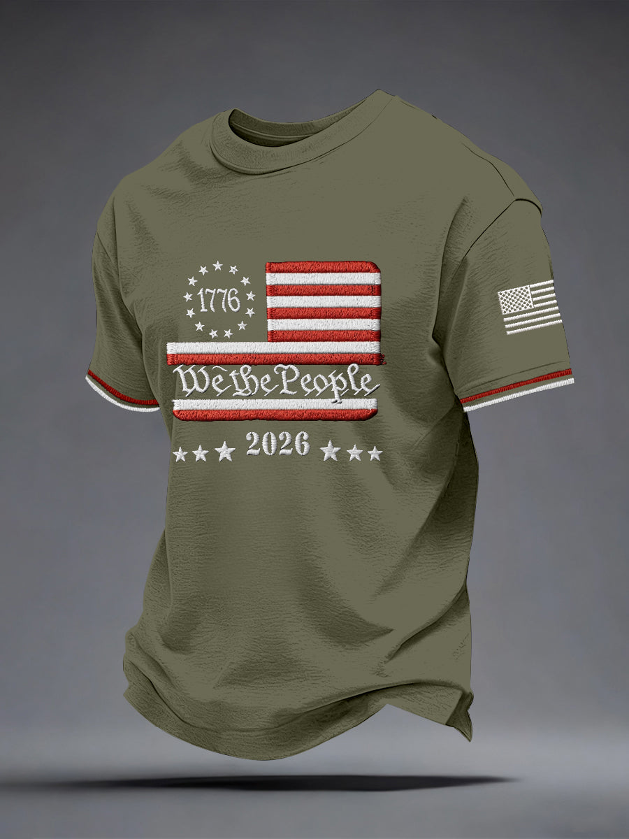 Men's American Flag Embroidered Pattern T-Shirt