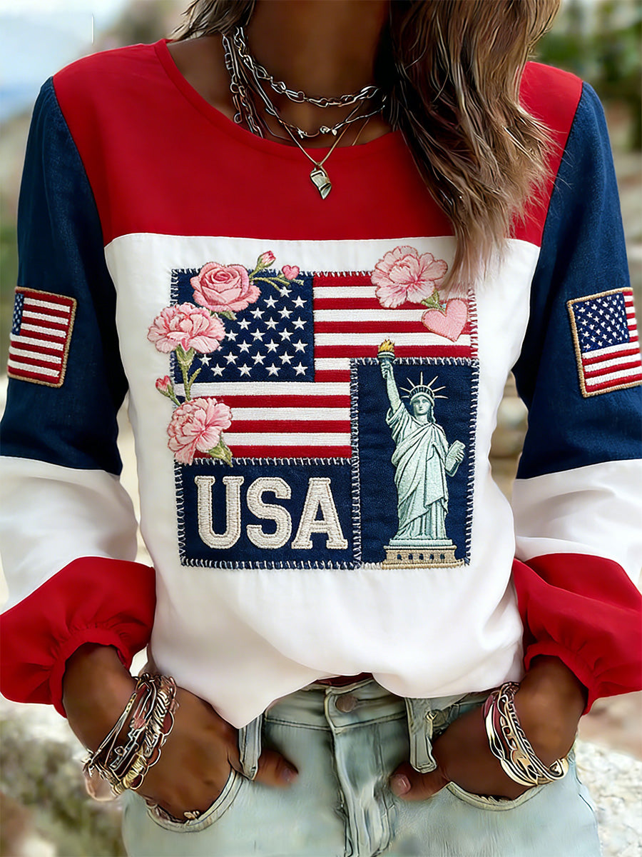 Women's Patriotic Commemorative Print Long-Sleeve T-Shirt