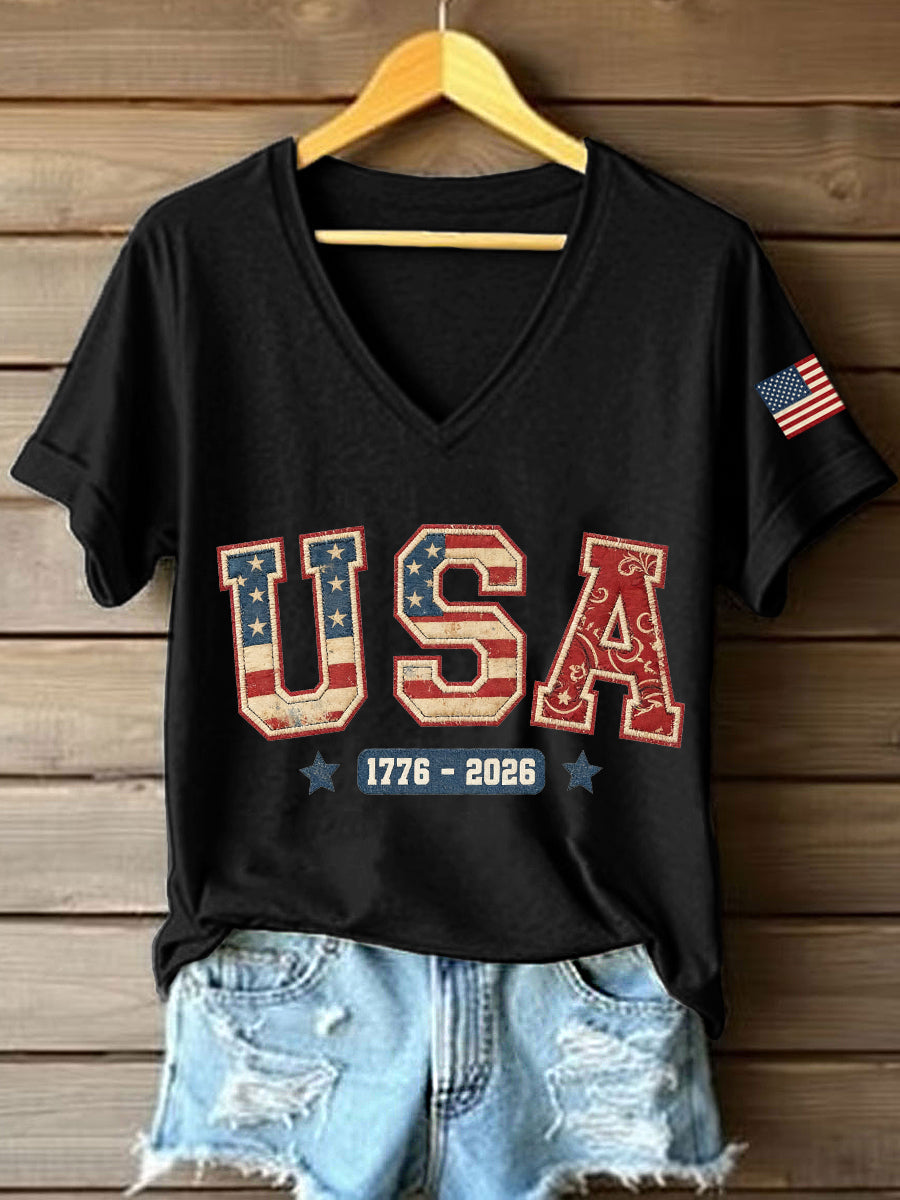 Women's USA 1776-2026 Patchwork Pattern V-Neck T-Shirt
