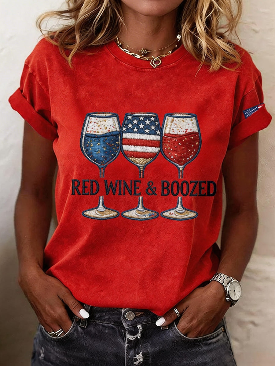 Women's Red Wine & Boozed Embroidery Pattern T-Shirt