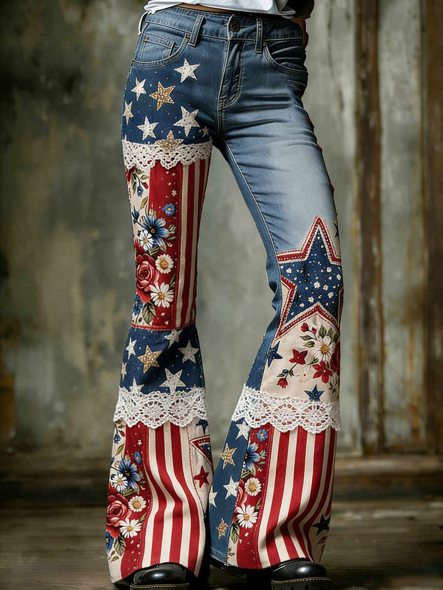 Women's Vintage American-Style Floral Patchwork & Print Casual Jeans