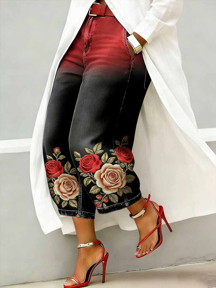 Women's Fashion Floral Pattern Print Casual Wide-Leg Pants
