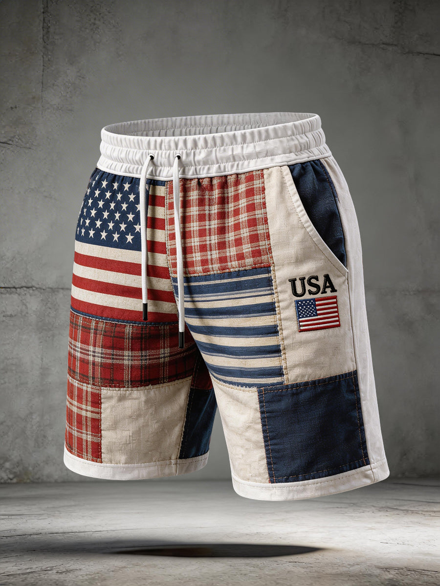 Men's USA Embroidery Pattern Patchwork Art Shorts
