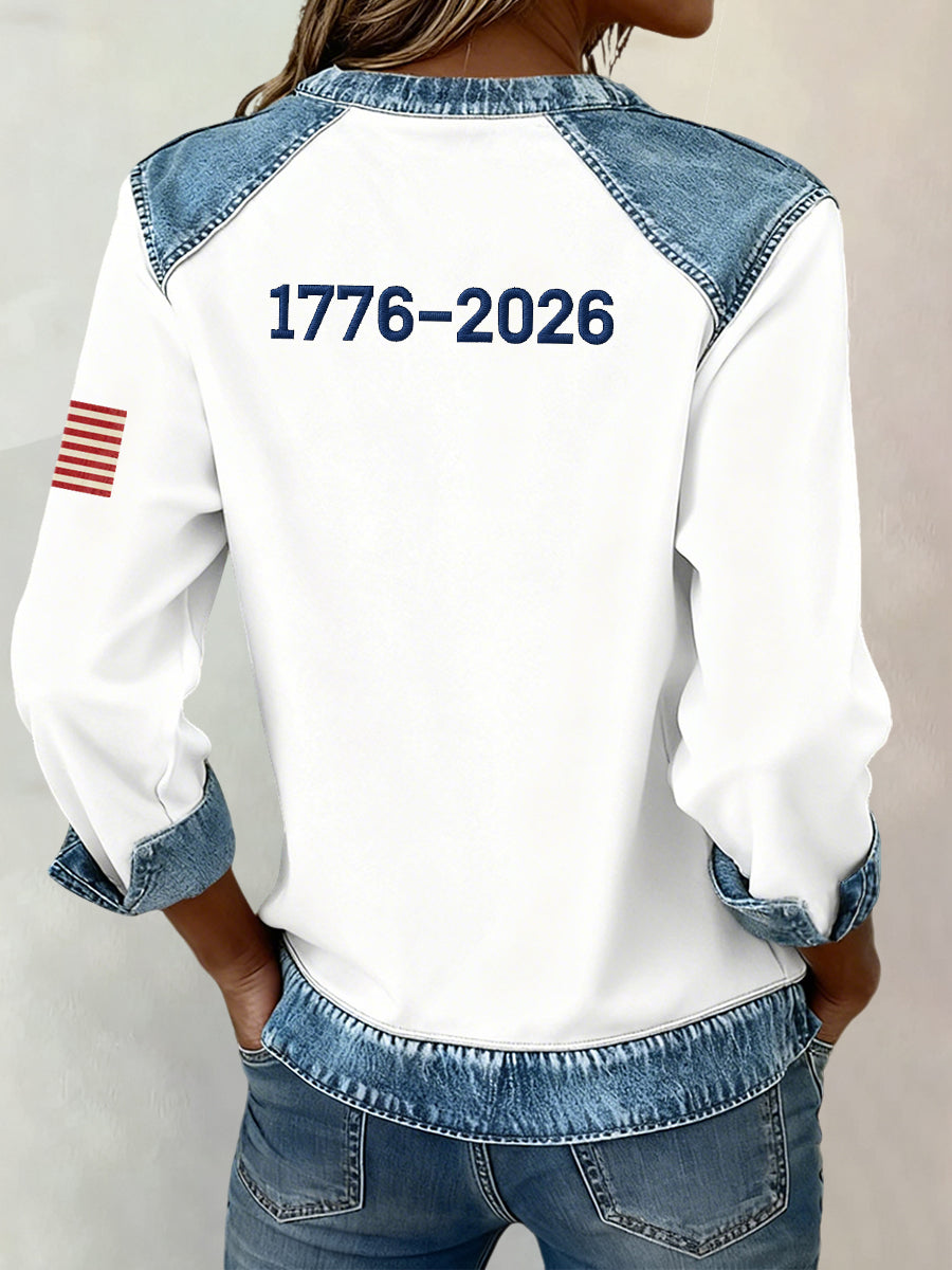 Women's Flag Inspired Rose Pattern Denim Patchwork Sweatshirt