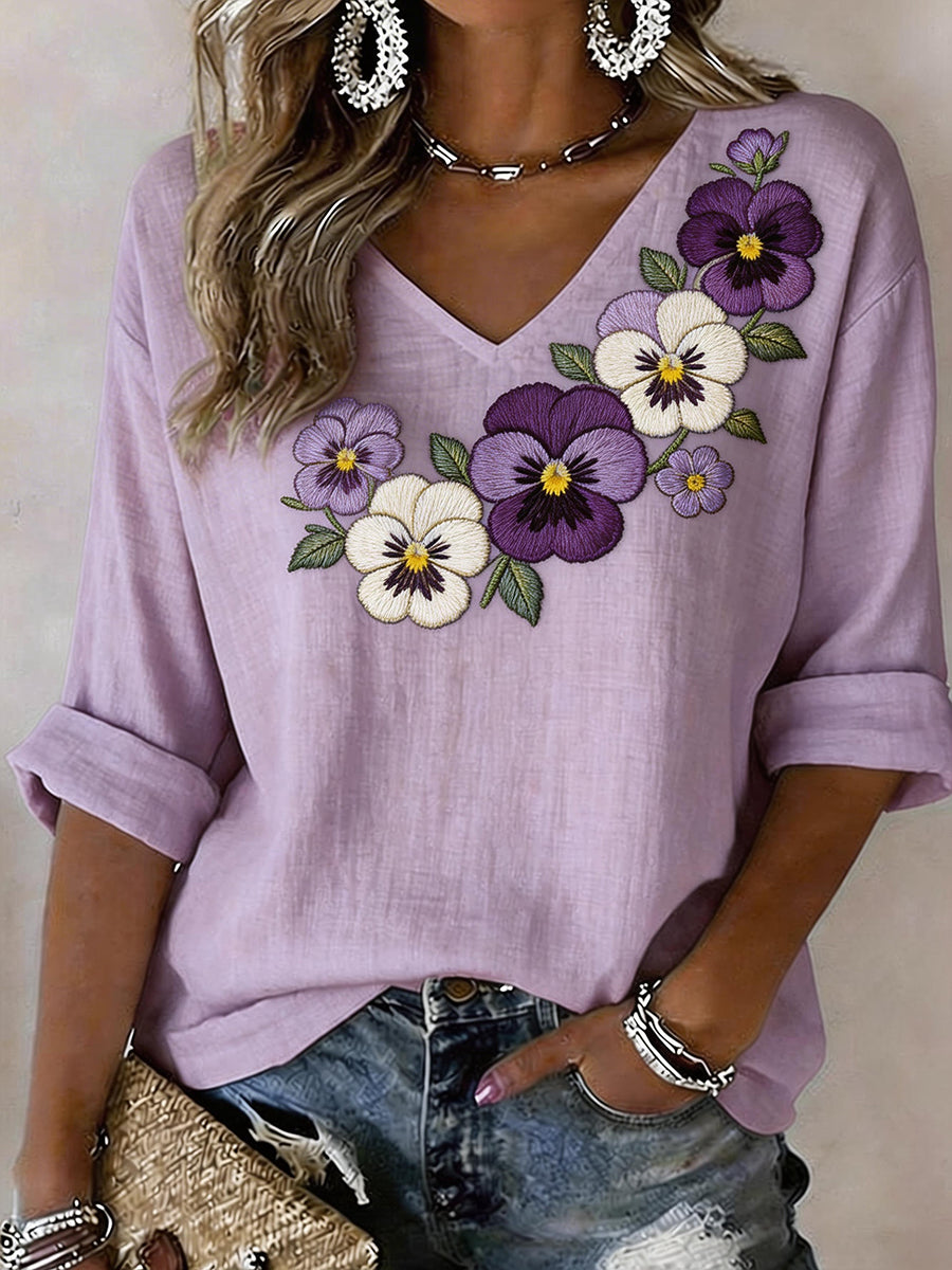 Women's Pansy Floral Embroidery Pattern Linen Blend Shirt