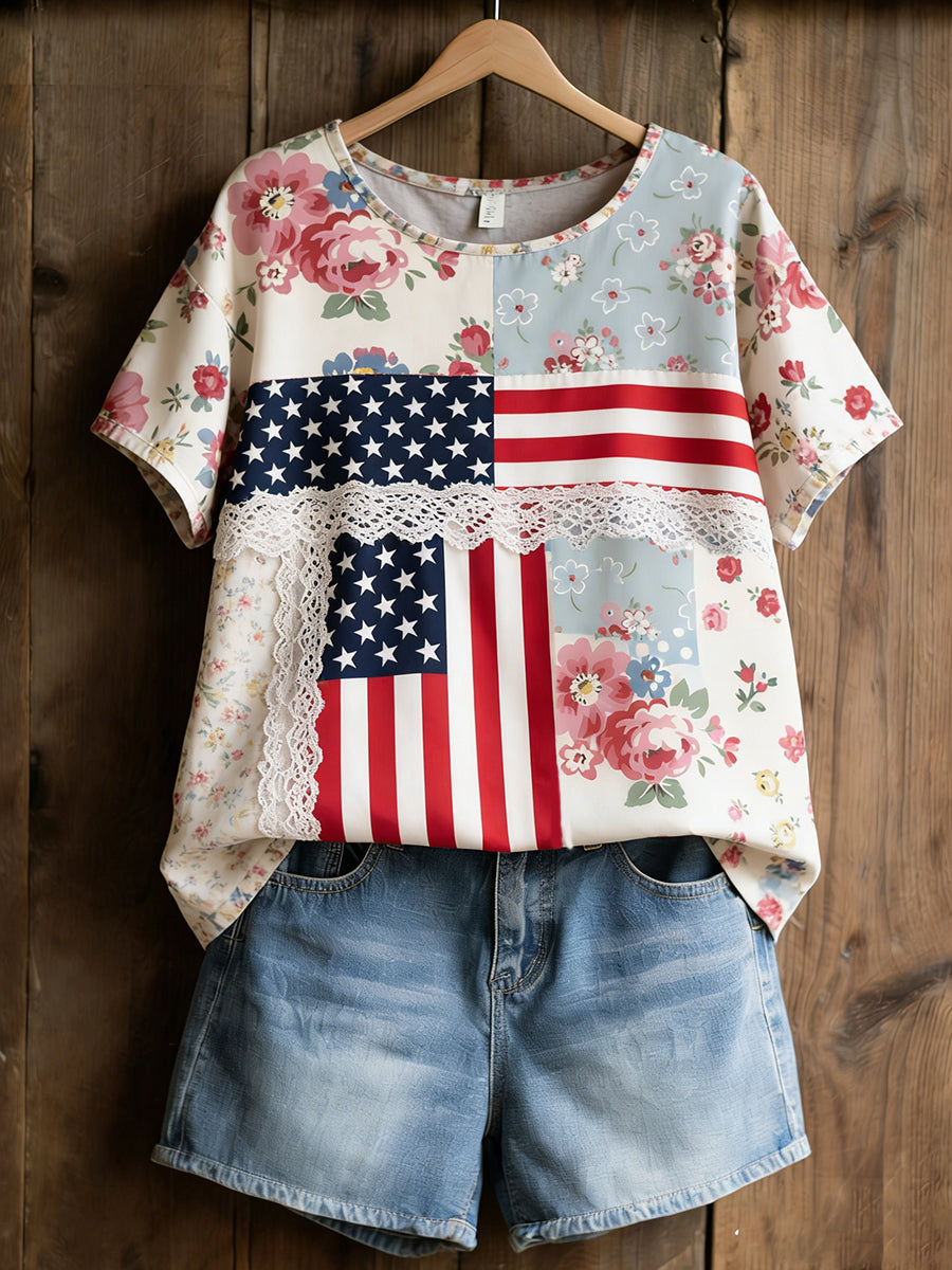Women's Retro American Floral Patchwork Print Casual T-shirt