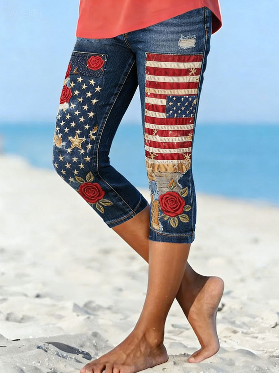Women's USA Flag Floral Print Leggings