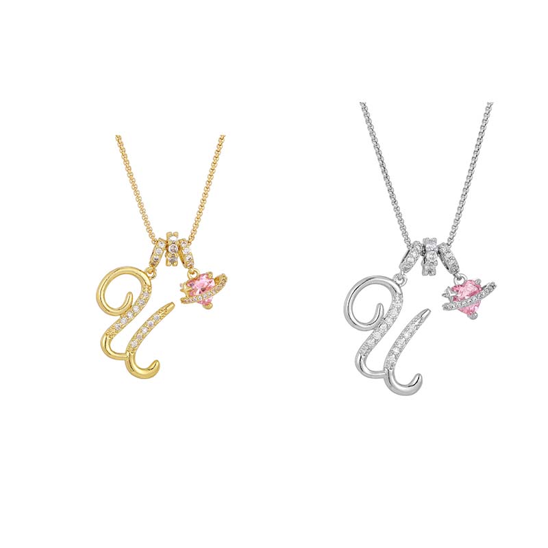 Initial Letter Necklace with Pink Heart Charm