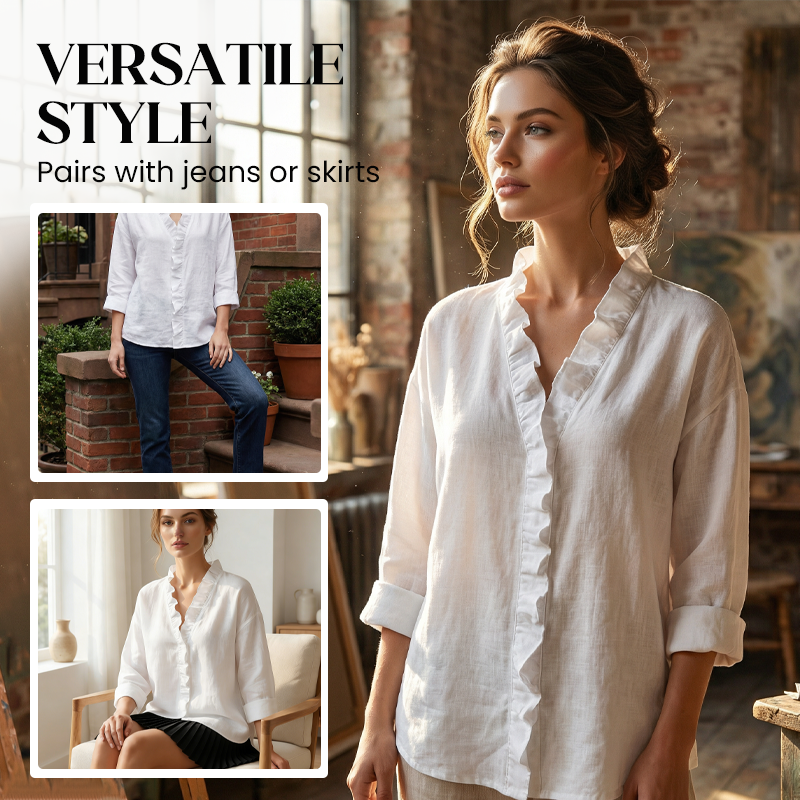 Women's Ruffle V-Neck Long Sleeve Blouse