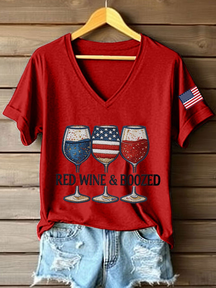 Women's Red Wine & Boozed Embroidery Pattern V-Neck T-Shirt