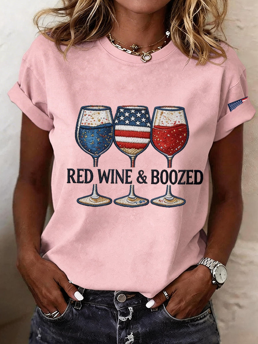 Women's Red Wine & Boozed Embroidery Pattern T-Shirt
