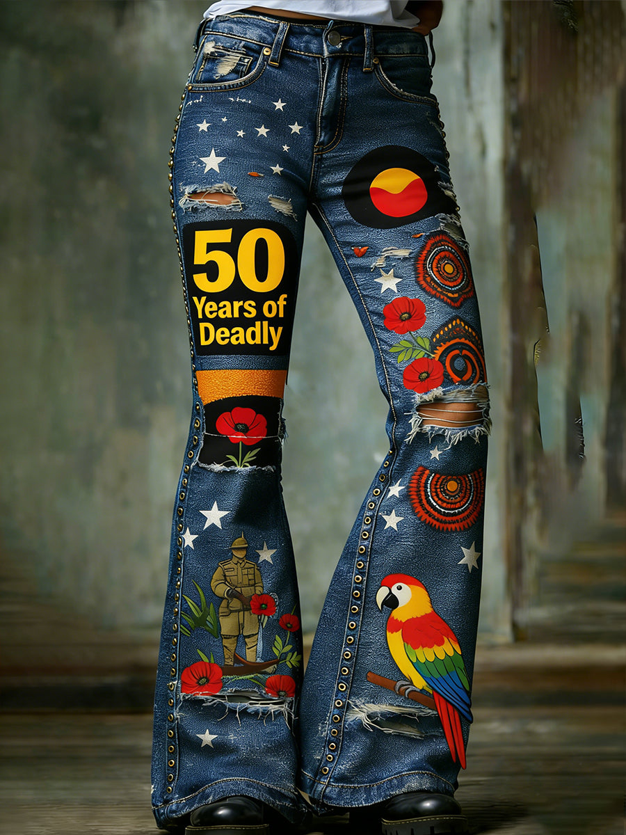 Retro Australian-Style Art Print Casual Jeans