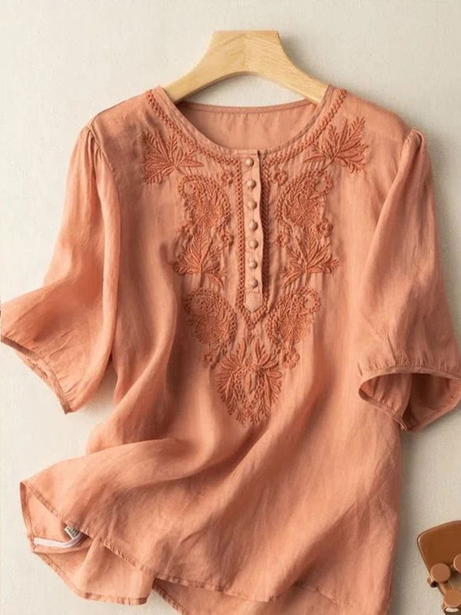 Women's Floral Cotton and Linen T-Shirt