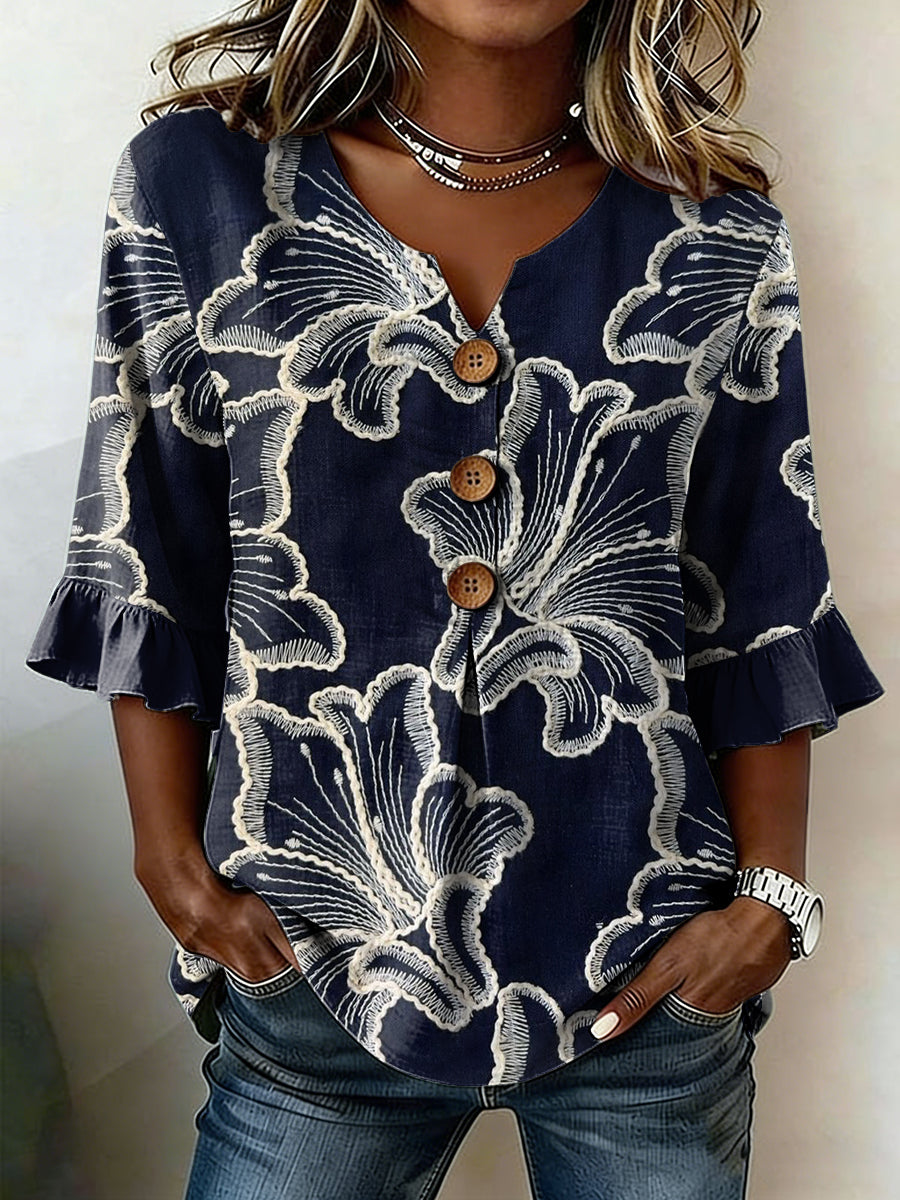 Women's Casual Floral Linen Shirt