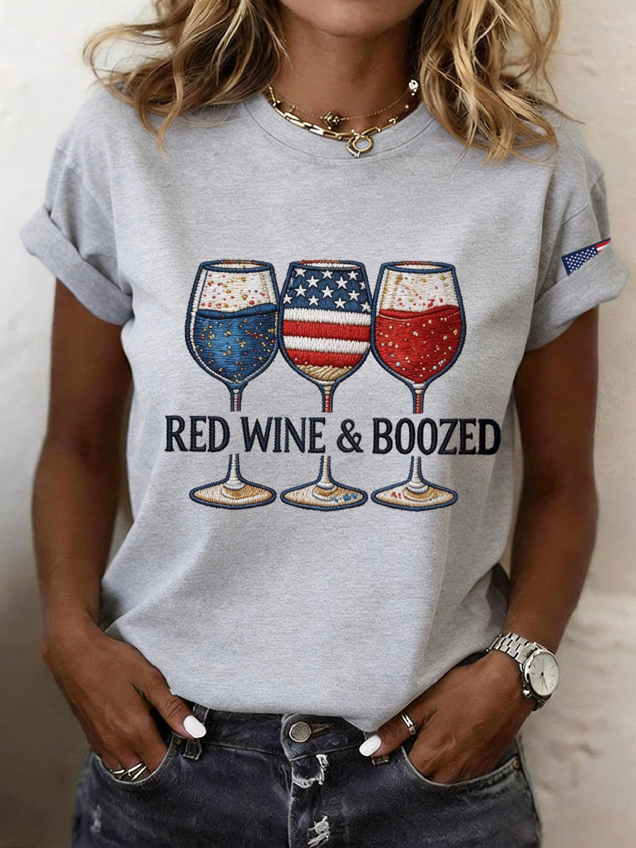 Women's Red Wine & Boozed Embroidery Pattern T-Shirt