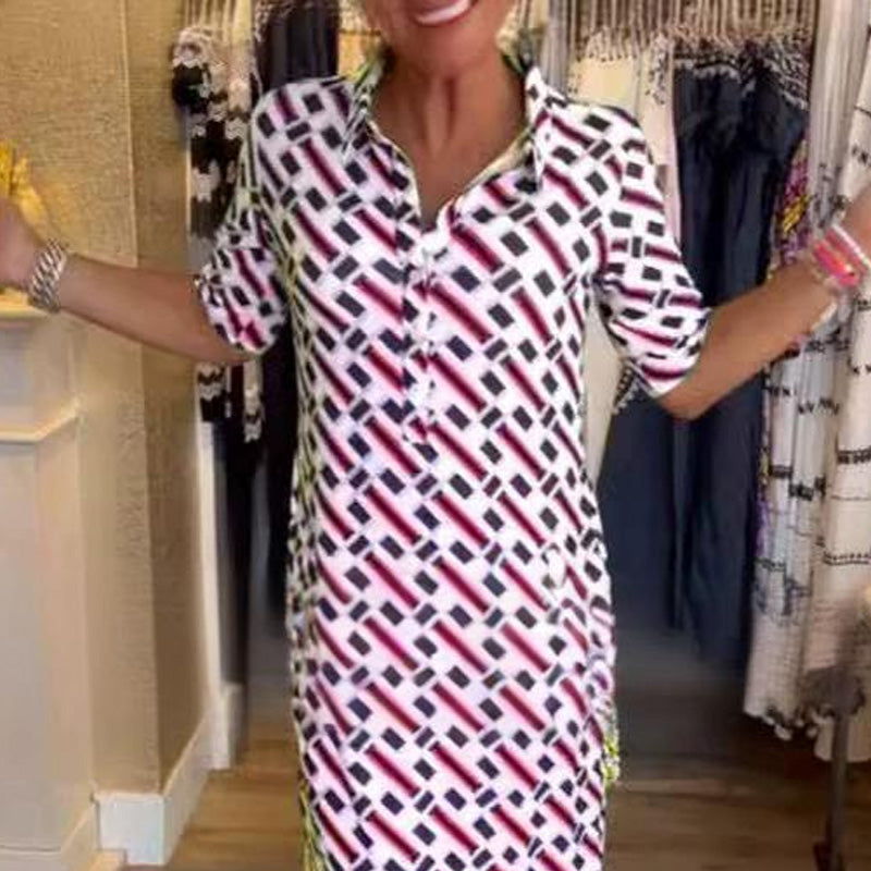 Shirt Collar Geometric Pattern Short-Sleeve Dress
